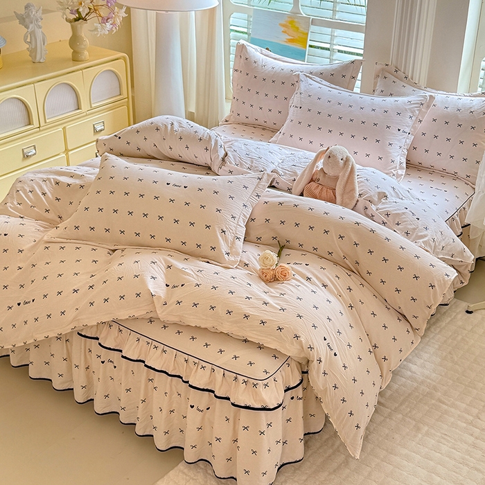 91家纺网 家纺一手货源 找家纺 （总）优家居 2025新品水洗棉床裙四件套韩版糯糯棉水洗皱皱纱床罩直播爆款