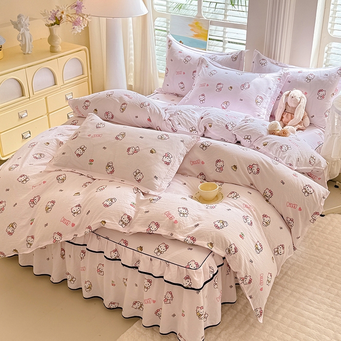 91家纺网 家纺一手货源 找家纺 （总）优家居 2025新品水洗棉床裙四件套韩版糯糯棉水洗皱皱纱床罩直播爆款