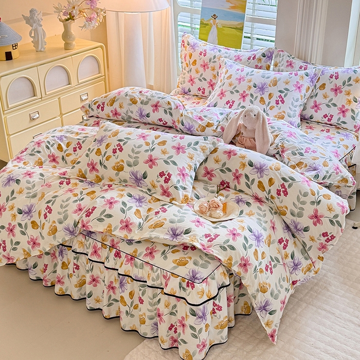 91家纺网 家纺一手货源 找家纺 （总）优家居 2025新品水洗棉床裙四件套韩版糯糯棉水洗皱皱纱床罩直播爆款