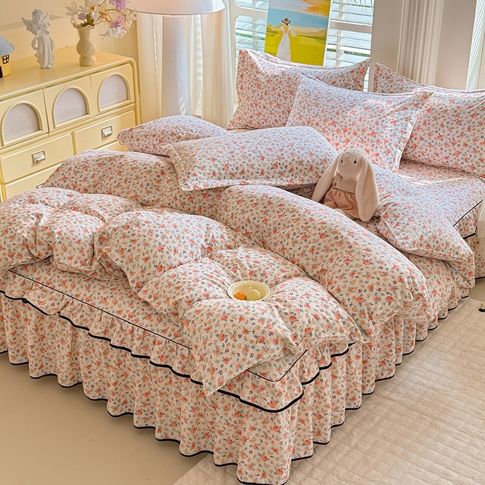 91家纺网 家纺一手货源 找家纺 优家居 2025新品水洗棉床裙四件套韩版糯糯棉水洗皱皱纱床罩直播爆款 陌上花开