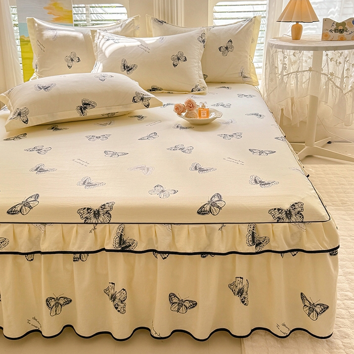 91家纺网 家纺一手货源 找家纺 优家居 2025新品水洗棉床裙四件套韩版糯糯棉水洗皱皱纱床罩直播爆款 蝶舞芳华