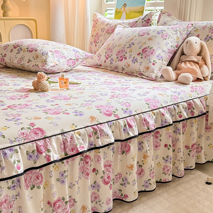 91家纺网 家纺一手货源 找家纺 优家居 2025新品水洗棉床裙四件套韩版糯糯棉水洗皱皱纱床罩直播爆款 紫雾花园