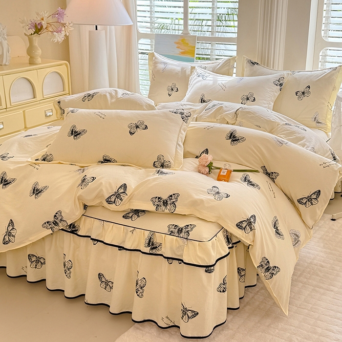 优家居 2025新品水洗棉床裙四件套韩版糯糯棉水洗皱皱纱床罩直播爆款 蝶舞芳华