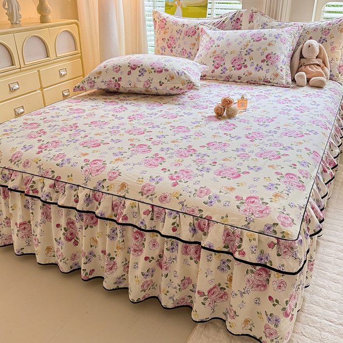 91家纺网 家纺一手货源 找家纺 优家居 2025新品水洗棉床裙四件套韩版糯糯棉水洗皱皱纱床罩直播爆款 紫雾花园