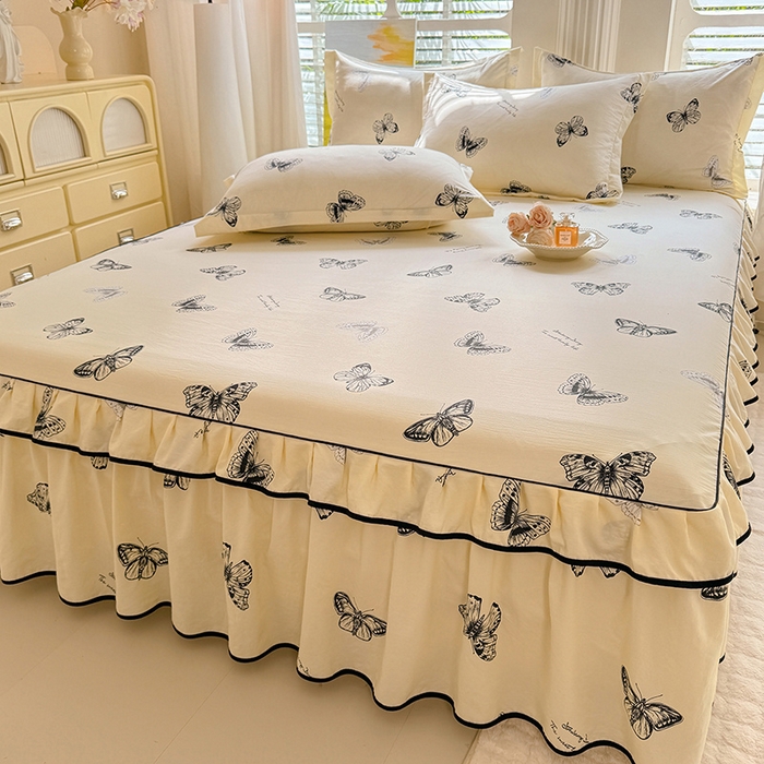 91家纺网 家纺一手货源 找家纺 优家居 2025新品水洗棉床裙四件套韩版糯糯棉水洗皱皱纱床罩直播爆款 蝶舞芳华