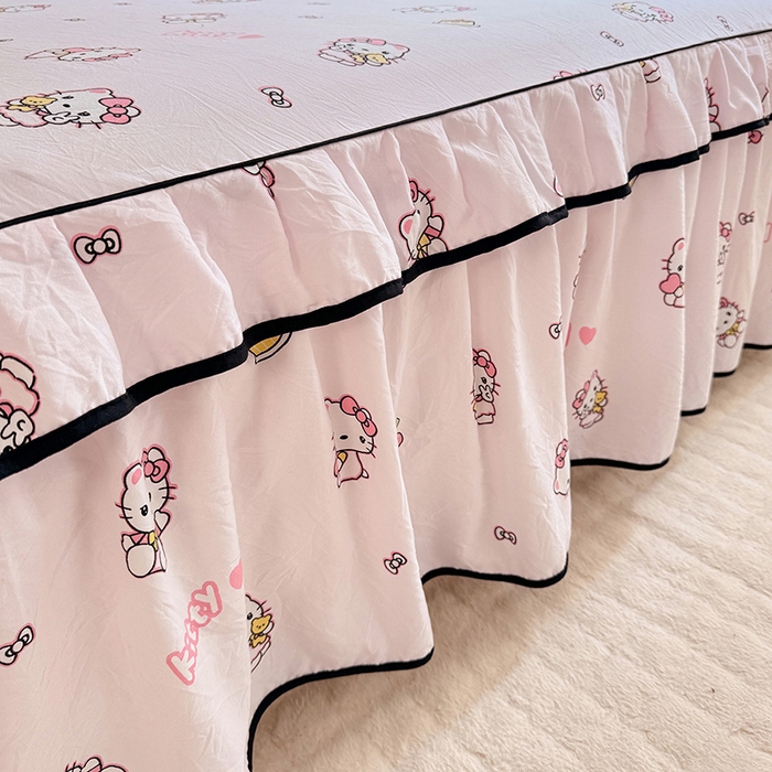 91家纺网 家纺一手货源 找家纺 优家居 2025新品水洗棉床裙四件套韩版糯糯棉水洗皱皱纱床罩直播爆款 粉色猫猫