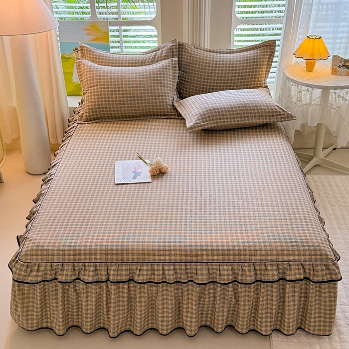 91家纺网 家纺一手货源 找家纺 优家居 2025新品水洗棉床裙四件套韩版糯糯棉水洗皱皱纱床罩直播爆款 巴宝格-咖