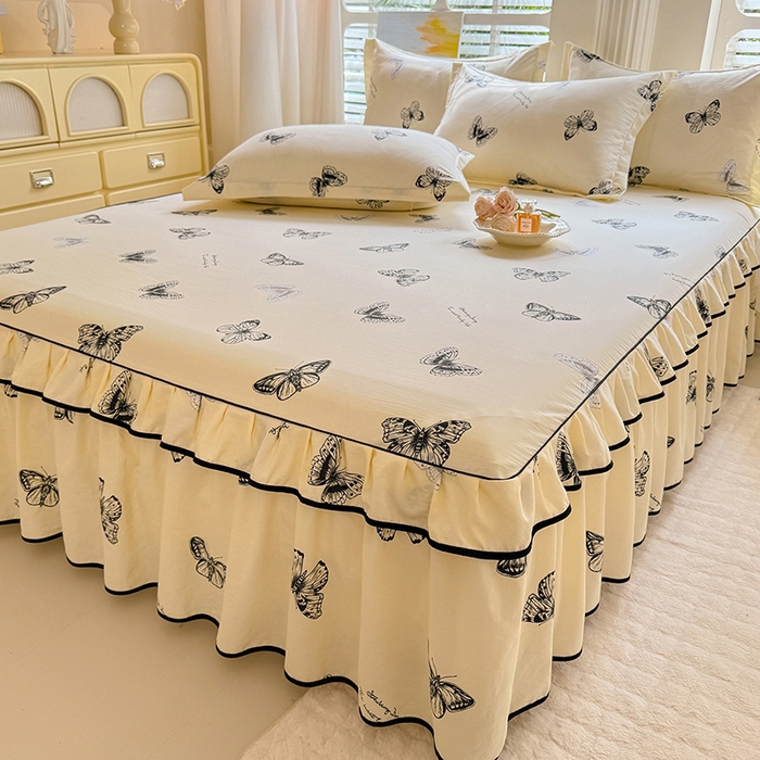 91家纺网 家纺一手货源 找家纺 优家居 2025新品水洗棉床裙四件套韩版糯糯棉水洗皱皱纱床罩直播爆款 蝶舞芳华