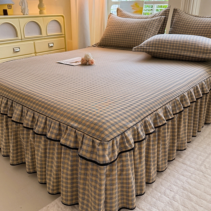 91家纺网 家纺一手货源 找家纺 优家居 2025新品水洗棉床裙四件套韩版糯糯棉水洗皱皱纱床罩直播爆款 巴宝格-咖