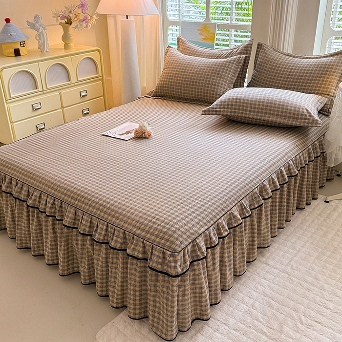 91家纺网 家纺一手货源 找家纺 优家居 2025新品水洗棉床裙四件套韩版糯糯棉水洗皱皱纱床罩直播爆款 巴宝格-咖