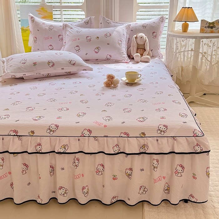 91家纺网 家纺一手货源 找家纺 优家居 2025新品水洗棉床裙四件套韩版糯糯棉水洗皱皱纱床罩直播爆款 粉色猫猫