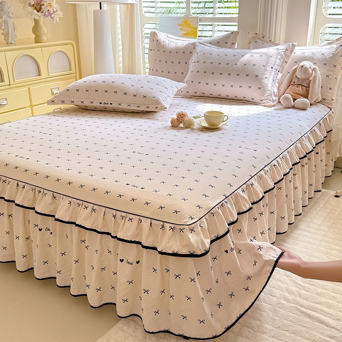 91家纺网 家纺一手货源 找家纺 优家居 2025新品水洗棉床裙四件套韩版糯糯棉水洗皱皱纱床罩直播爆款 爱心蝴蝶结