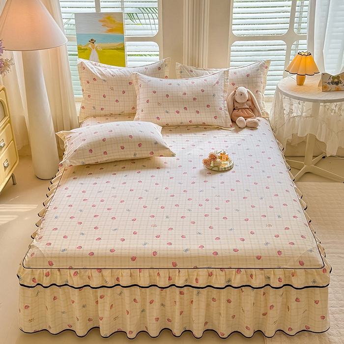 91家纺网 家纺一手货源 找家纺 优家居 2025新品水洗棉床裙四件套韩版糯糯棉水洗皱皱纱床罩直播爆款 莓好时光