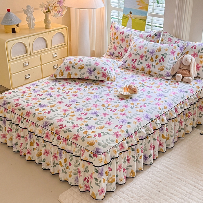 91家纺网 家纺一手货源 找家纺 优家居 2025新品水洗棉床裙四件套韩版糯糯棉水洗皱皱纱床罩直播爆款 繁花似锦