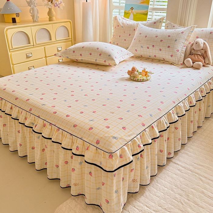 91家纺网 家纺一手货源 找家纺 优家居 2025新品水洗棉床裙四件套韩版糯糯棉水洗皱皱纱床罩直播爆款 莓好时光