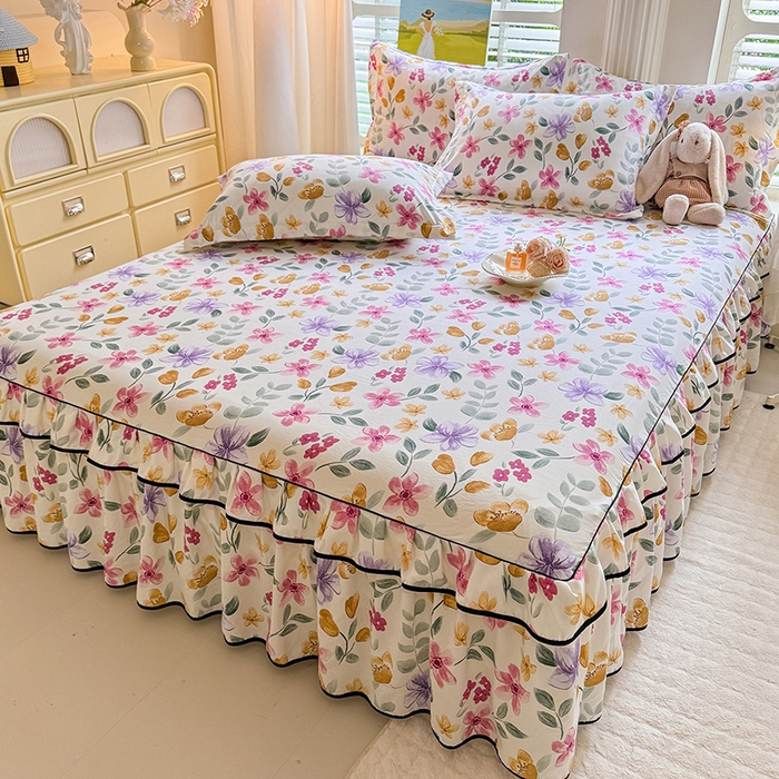 91家纺网 家纺一手货源 找家纺 优家居 2025新品水洗棉床裙四件套韩版糯糯棉水洗皱皱纱床罩直播爆款 繁花似锦