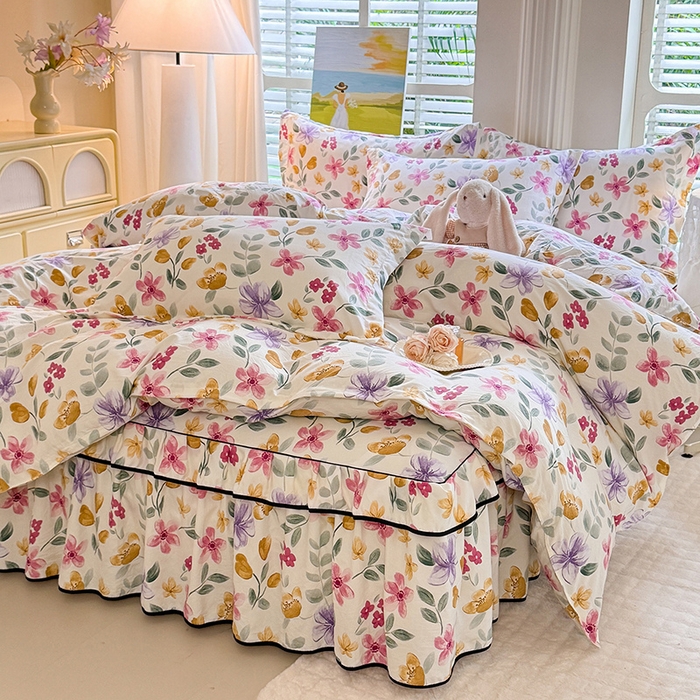 91家纺网 家纺一手货源 找家纺 优家居 2025新品水洗棉床裙四件套韩版糯糯棉水洗皱皱纱床罩直播爆款 繁花似锦