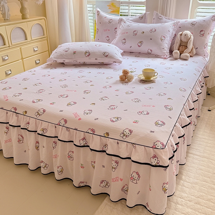 91家纺网 家纺一手货源 找家纺 优家居 2025新品水洗棉床裙四件套韩版糯糯棉水洗皱皱纱床罩直播爆款 粉色猫猫