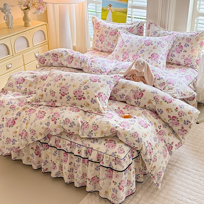 优家居 2025新品水洗棉床裙四件套韩版糯糯棉水洗皱皱纱床罩直播爆款 紫雾花园