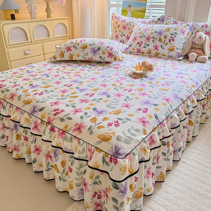 91家纺网 家纺一手货源 找家纺 优家居 2025新品水洗棉床裙四件套韩版糯糯棉水洗皱皱纱床罩直播爆款 繁花似锦