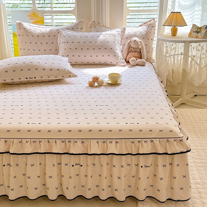 91家纺网 家纺一手货源 找家纺 优家居 2025新品水洗棉床裙四件套韩版糯糯棉水洗皱皱纱床罩直播爆款 爱心蝴蝶结