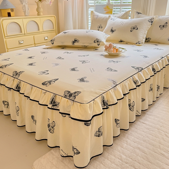 91家纺网 家纺一手货源 找家纺 优家居 2025新品水洗棉床裙四件套韩版糯糯棉水洗皱皱纱床罩直播爆款 蝶舞芳华