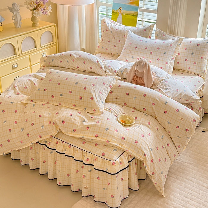 优家居 2025新品水洗棉床裙四件套韩版糯糯棉水洗皱皱纱床罩直播爆款 莓好时光