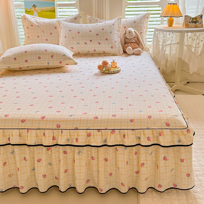 91家纺网 家纺一手货源 找家纺 优家居 2025新品水洗棉床裙四件套韩版糯糯棉水洗皱皱纱床罩直播爆款 莓好时光