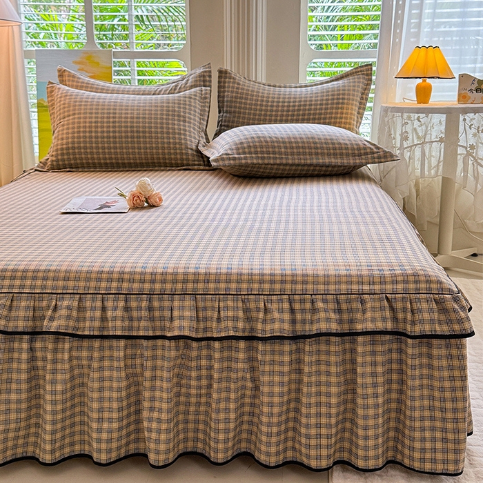 91家纺网 家纺一手货源 找家纺 优家居 2025新品水洗棉床裙四件套韩版糯糯棉水洗皱皱纱床罩直播爆款 巴宝格-咖