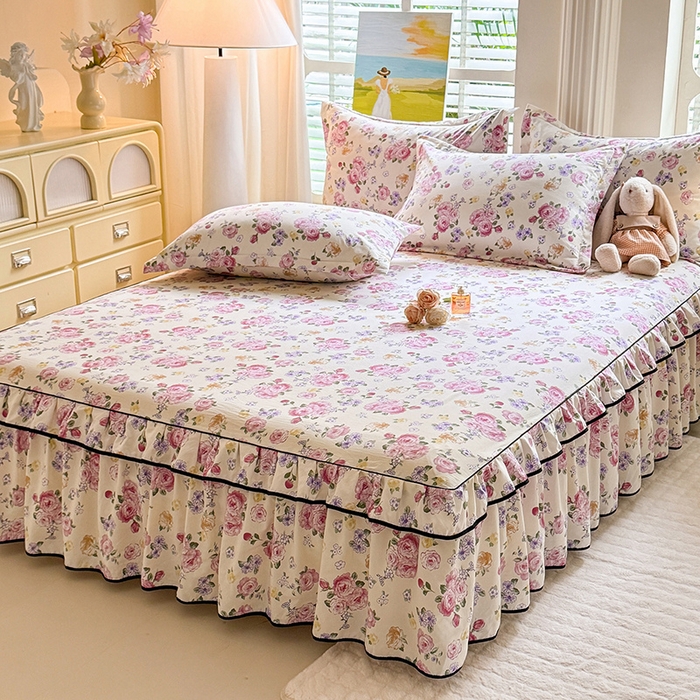 91家纺网 家纺一手货源 找家纺 优家居 2025新品水洗棉床裙四件套韩版糯糯棉水洗皱皱纱床罩直播爆款 紫雾花园