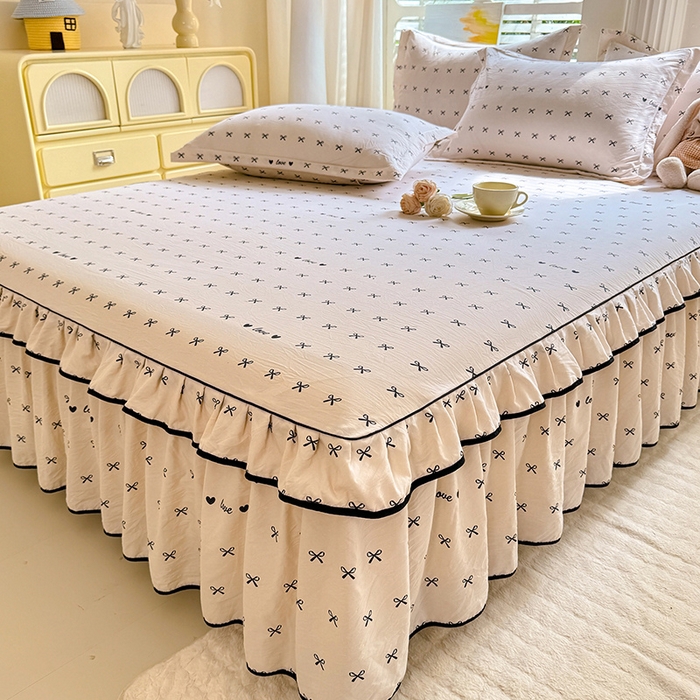 91家纺网 家纺一手货源 找家纺 优家居 2025新品水洗棉床裙四件套韩版糯糯棉水洗皱皱纱床罩直播爆款 爱心蝴蝶结