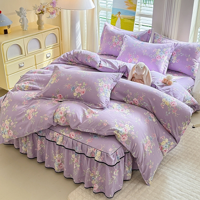 优家居 2025新品水洗棉床裙四件套韩版糯糯棉水洗皱皱纱床罩直播爆款 秘园絮语