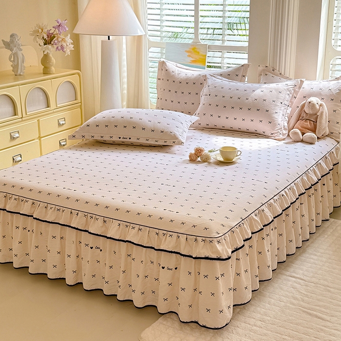 91家纺网 家纺一手货源 找家纺 优家居 2025新品水洗棉床裙四件套韩版糯糯棉水洗皱皱纱床罩直播爆款 爱心蝴蝶结