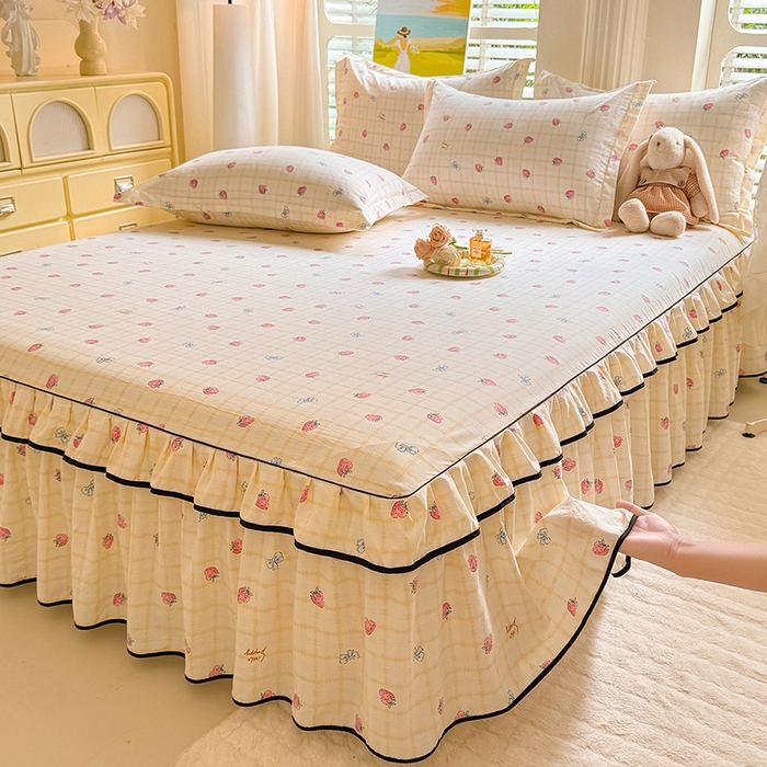 91家纺网 家纺一手货源 找家纺 优家居 2025新品水洗棉床裙四件套韩版糯糯棉水洗皱皱纱床罩直播爆款 莓好时光