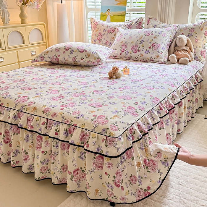 91家纺网 家纺一手货源 找家纺 优家居 2025新品水洗棉床裙四件套韩版糯糯棉水洗皱皱纱床罩直播爆款 紫雾花园