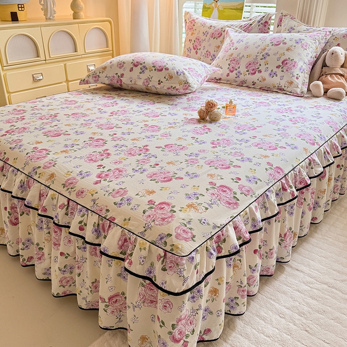 91家纺网 家纺一手货源 找家纺 优家居 2025新品水洗棉床裙四件套韩版糯糯棉水洗皱皱纱床罩直播爆款 紫雾花园