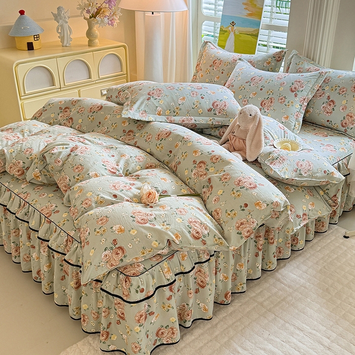 91家纺网 家纺一手货源 找家纺 优家居 2025新品水洗棉床裙四件套韩版糯糯棉水洗皱皱纱床罩直播爆款 花花田园