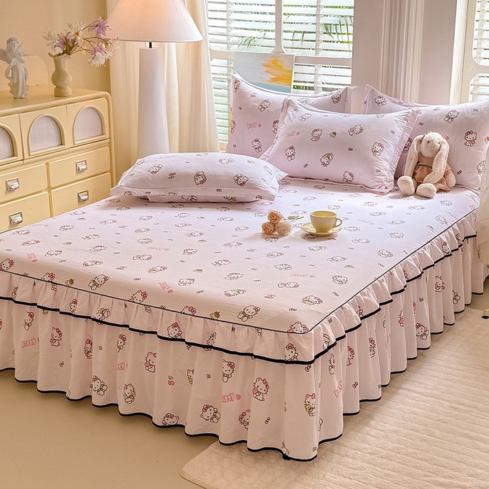 91家纺网 家纺一手货源 找家纺 优家居 2025新品水洗棉床裙四件套韩版糯糯棉水洗皱皱纱床罩直播爆款 粉色猫猫