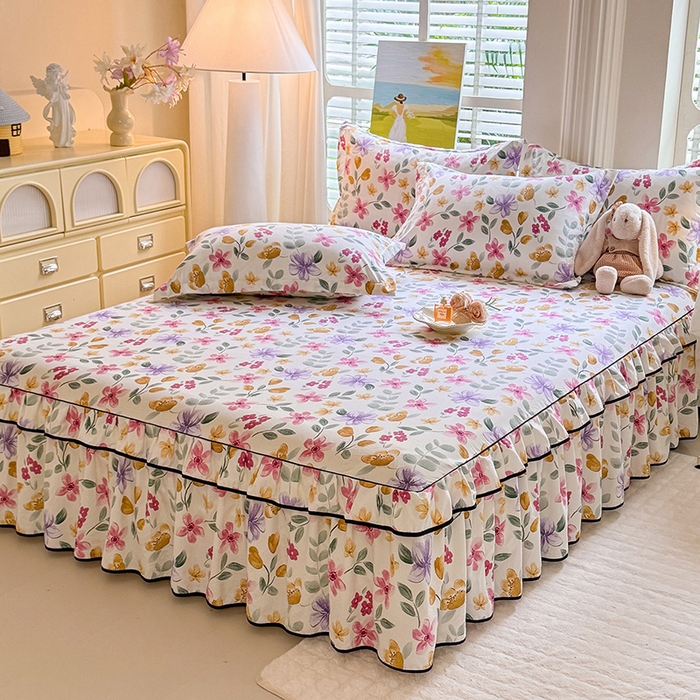 91家纺网 家纺一手货源 找家纺 优家居 2025新品水洗棉床裙四件套韩版糯糯棉水洗皱皱纱床罩直播爆款 繁花似锦