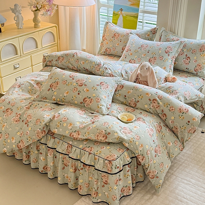 91家纺网 家纺一手货源 找家纺 （总）优家居 2025新品水洗棉床裙四件套韩版糯糯棉水洗皱皱纱床罩直播爆款