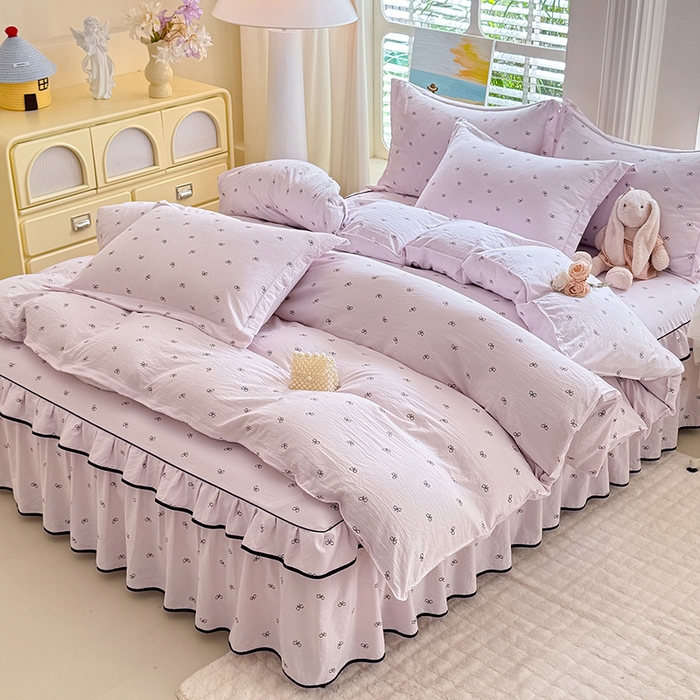 91家纺网 家纺一手货源 找家纺 优家居 2025新品水洗棉床裙四件套韩版糯糯棉水洗皱皱纱床罩直播爆款 粉雾结语