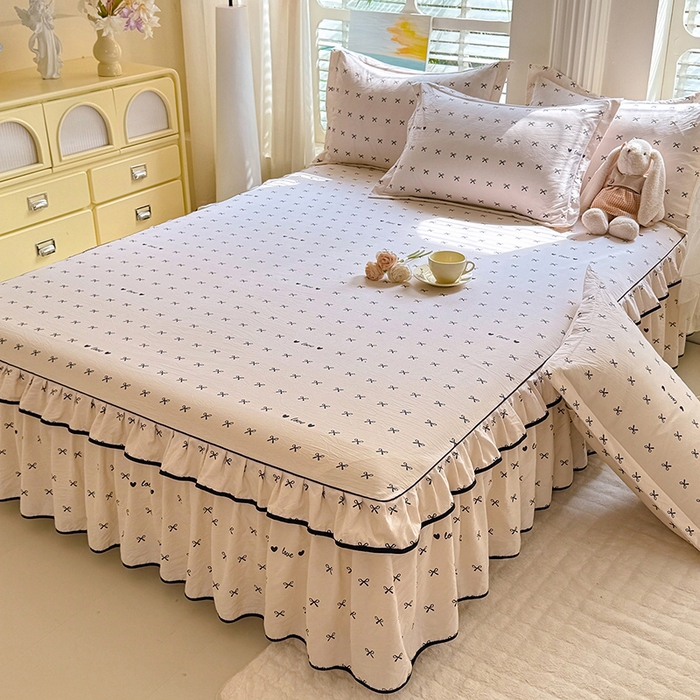 91家纺网 家纺一手货源 找家纺 优家居 2025新品水洗棉床裙四件套韩版糯糯棉水洗皱皱纱床罩直播爆款 爱心蝴蝶结