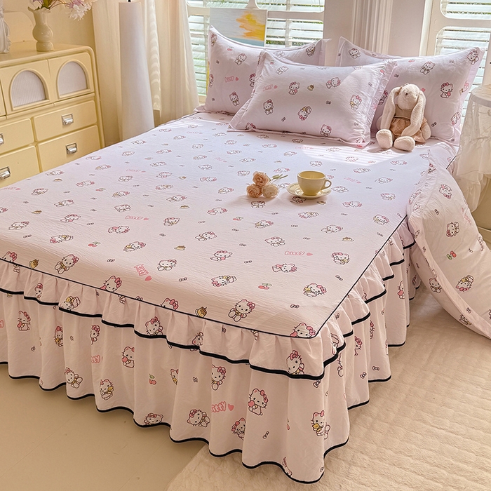 91家纺网 家纺一手货源 找家纺 优家居 2025新品水洗棉床裙四件套韩版糯糯棉水洗皱皱纱床罩直播爆款 粉色猫猫