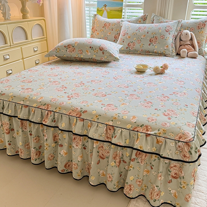 91家纺网 家纺一手货源 找家纺 优家居 2025新品水洗棉床裙四件套韩版糯糯棉水洗皱皱纱床罩直播爆款 花花田园