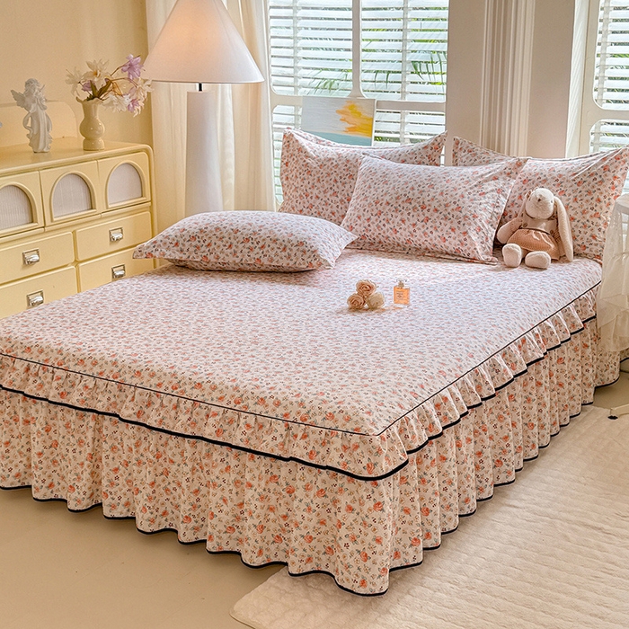 91家纺网 家纺一手货源 找家纺 优家居 2025新品水洗棉床裙四件套韩版糯糯棉水洗皱皱纱床罩直播爆款 陌上花开