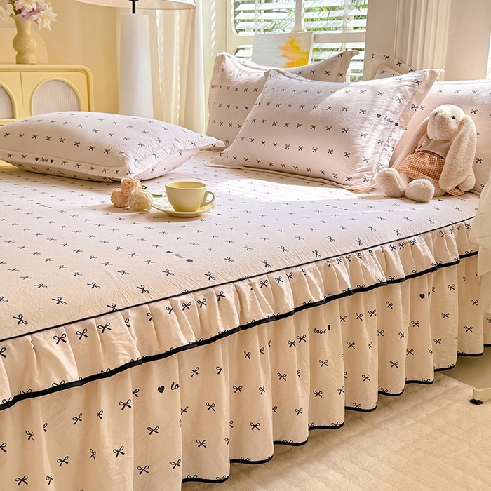 91家纺网 家纺一手货源 找家纺 优家居 2025新品水洗棉床裙四件套韩版糯糯棉水洗皱皱纱床罩直播爆款 爱心蝴蝶结