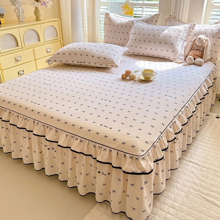 91家纺网 家纺一手货源 找家纺 优家居 2025新品水洗棉床裙四件套韩版糯糯棉水洗皱皱纱床罩直播爆款 爱心蝴蝶结