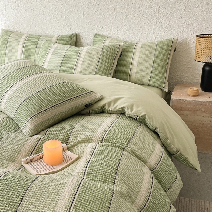 91家纺网 家纺一手货源 找家纺 宜代光年 2025新款全棉色织提花华夫格四件套 华夫格-绿