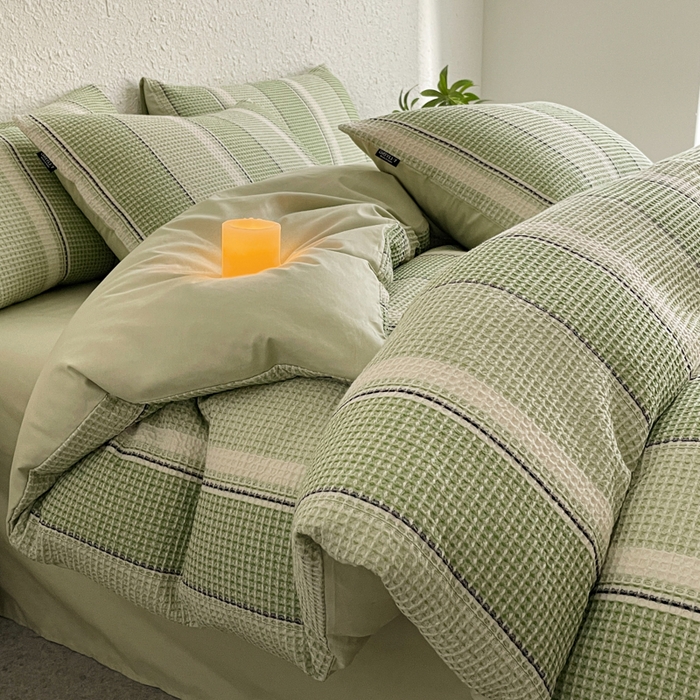 91家纺网 家纺一手货源 找家纺 宜代光年 2025新款全棉色织提花华夫格四件套 华夫格-绿