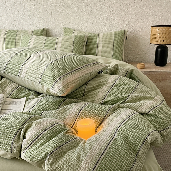 91家纺网 家纺一手货源 找家纺 宜代光年 2025新款全棉色织提花华夫格四件套 华夫格-绿